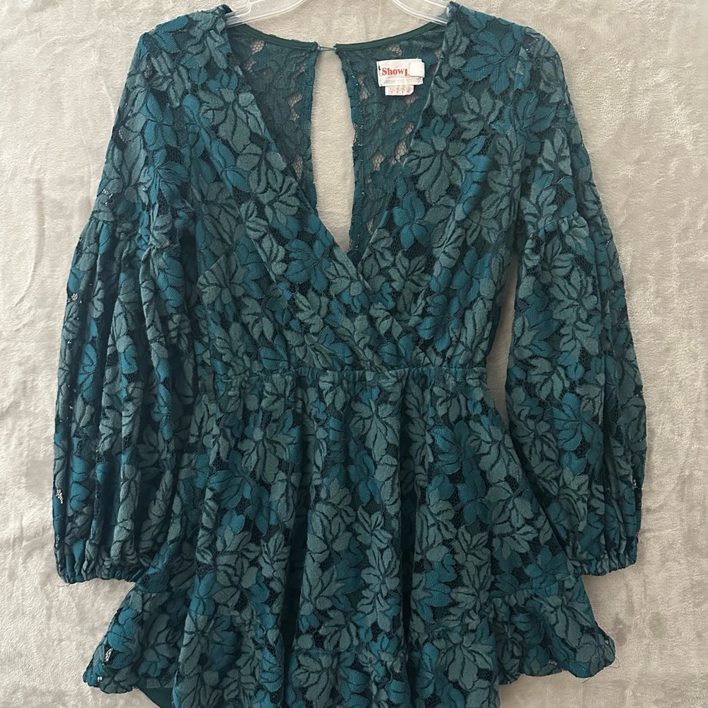 Showpo Teal Floral Lace Mini Dress